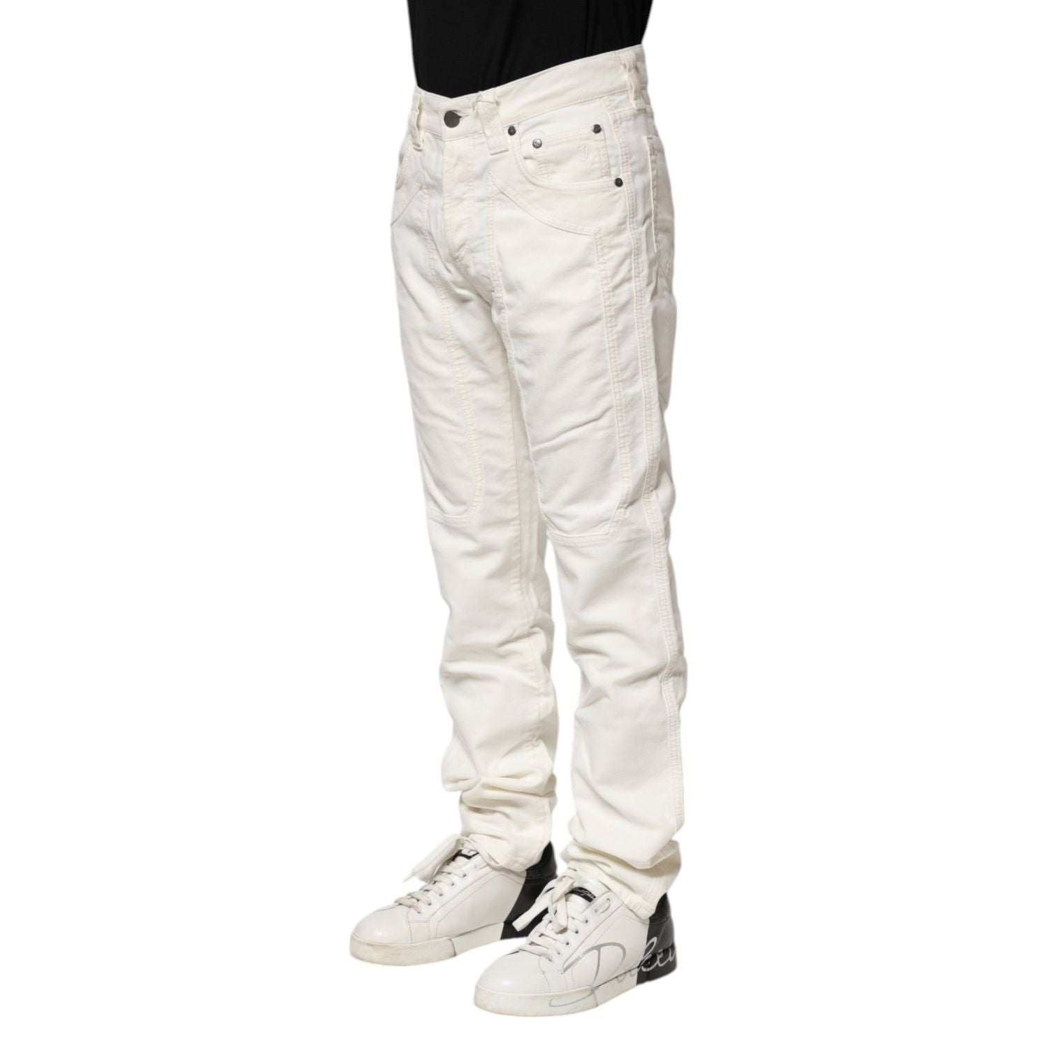 Jeckerson White Cotton Stretch Straight Fit Men Denim Jeans