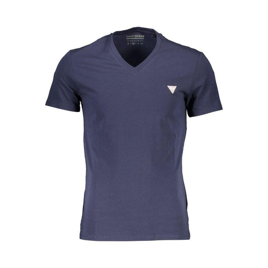 Guess Jeans blue cotton T-shirt, super slim fit, short sleeves, V-neckline with logo application, ideal for stylish comfort.