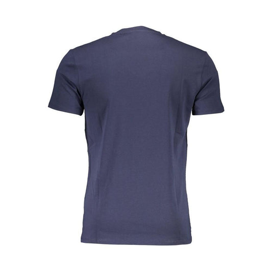 Back view of blue Guess Jeans cotton t-shirt with super slim fit, short sleeves, and v-neckline.