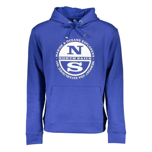 North Sails blue cotton sweater with hood, logo print, and central pocket; long-sleeved casual wear for stylish comfort.