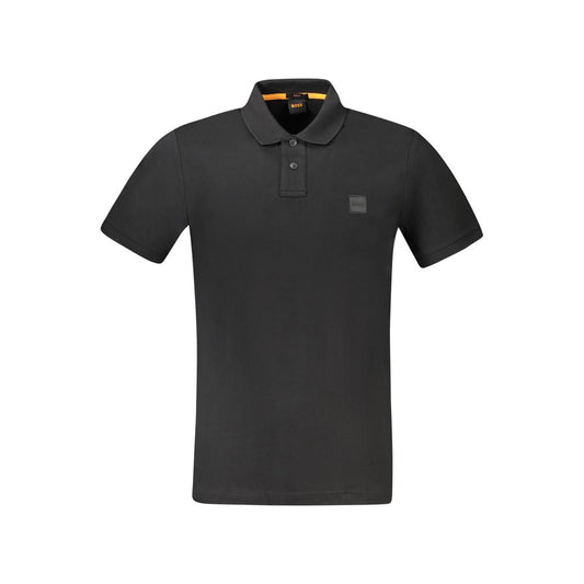 Hugo Boss black cotton polo shirt with short sleeves, slim fit design, featuring two buttons and embroidered logo on chest.
