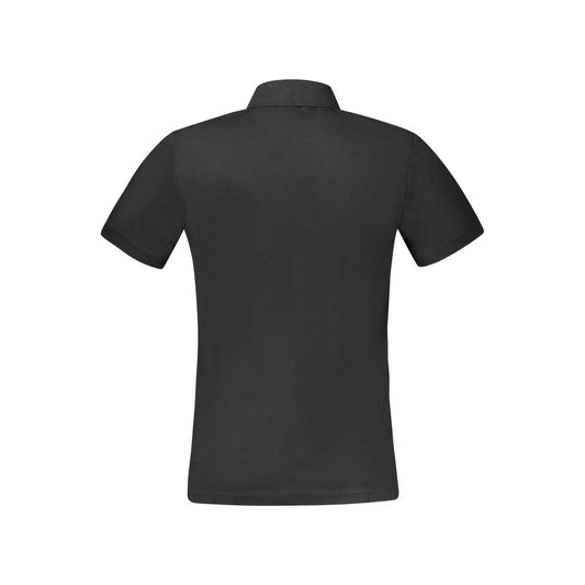 Back view of Hugo Boss black cotton polo shirt with short sleeves, slim fit, featuring 2 buttons and embroidered logo.