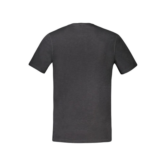 Back view of Hugo Boss black cotton t-shirt featuring short sleeves, crew neck, and logo print design.
