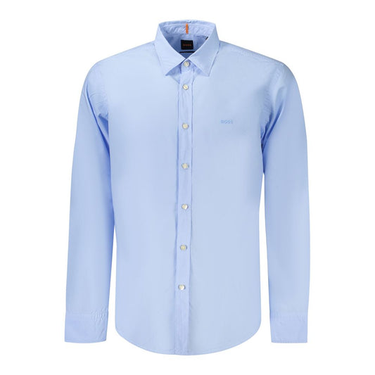 Hugo Boss blue cotton men's shirt with Italian collar, long sleeves, and subtle logo embroidery, perfect for stylish sophistication.