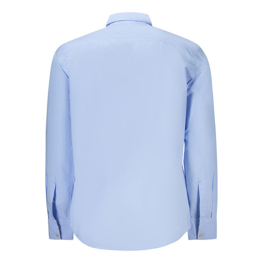 Back view of Hugo Boss blue cotton men's shirt with long sleeves and Italian collar.