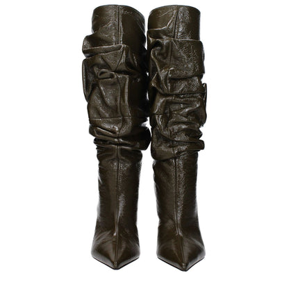 Amina Muaddi Green Leather High Heel Boots