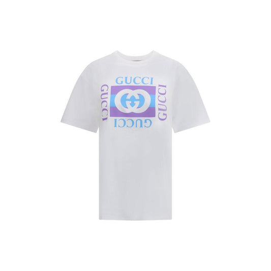 Gucci logo T-shirt with crew neck, short sleeves, and iconic printed logo design in blue and purple hues. Cotton, made in Italy.