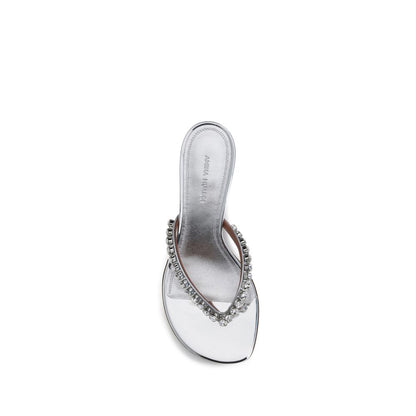 Amina Muaddi Silver Calf Leather Bos Taurus Stiletto Heel Sandals