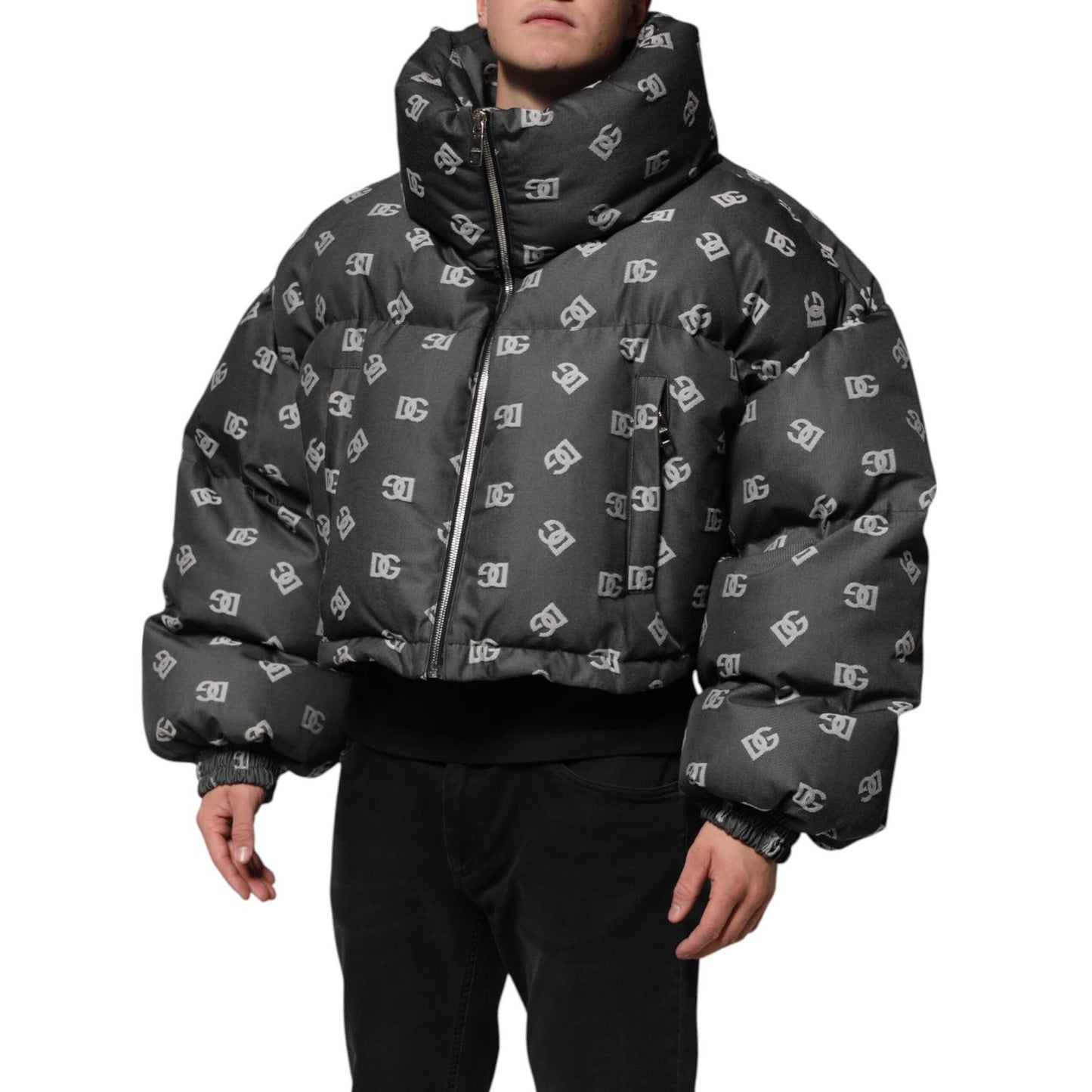 Dolce & Gabbana Black DG Monogram Full Zip Puffer Men Jacket