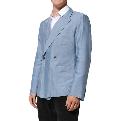 Dolce & Gabbana Light Blue Linen Double Breasted Men Jacket Blazer
