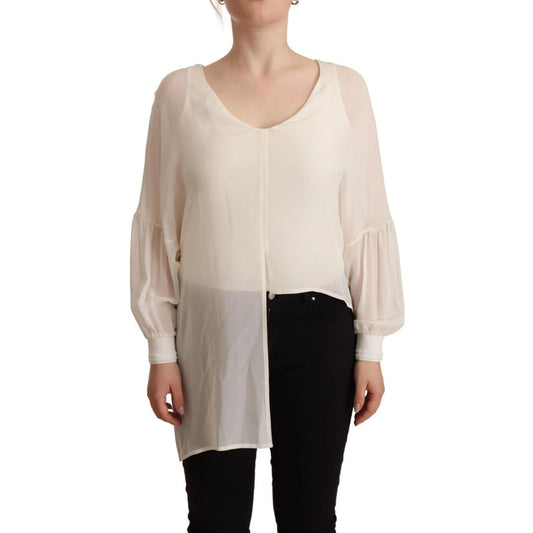 Patrizia Pepe Off White Silk Long Sleeves Deep Vneck Top