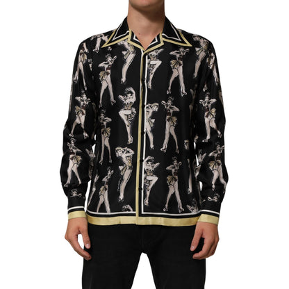 Dolce & Gabbana Black Silk Pin Up Printed Button Down Shirt