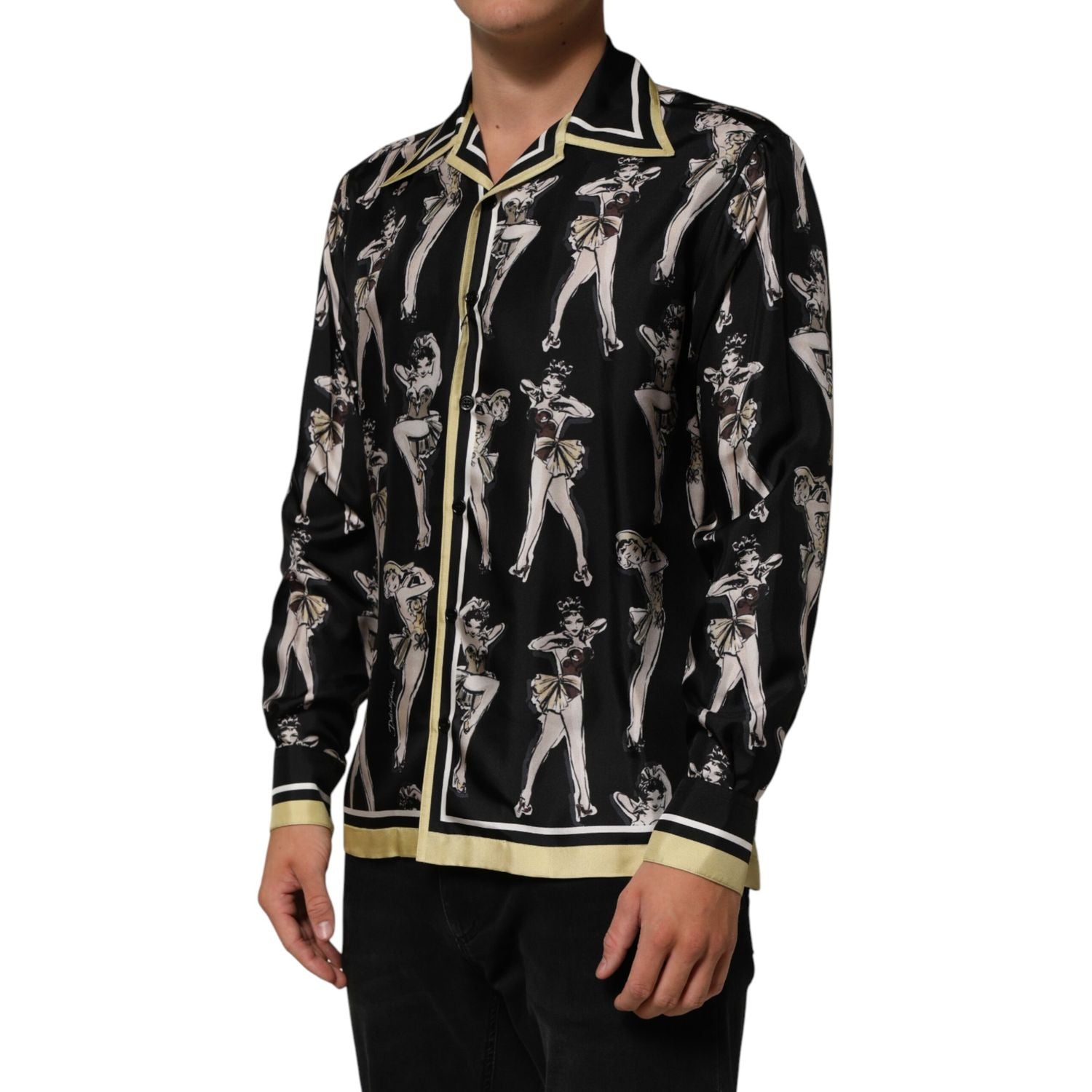 Dolce & Gabbana Black Silk Pin Up Printed Button Down Shirt