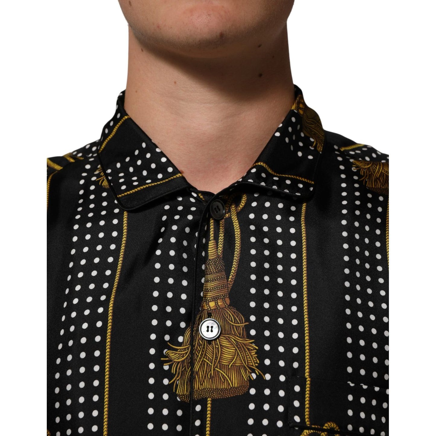 Dolce & Gabbana Black Dotted Tassel Silk Button Down Shirt