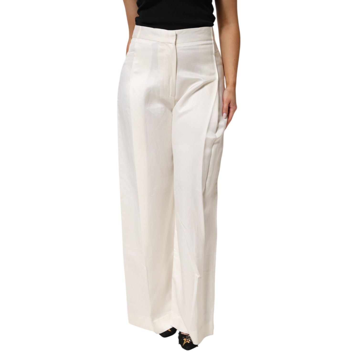 Brian Dales White Viscose Linen Wide Leg Palazzo Womens Pants