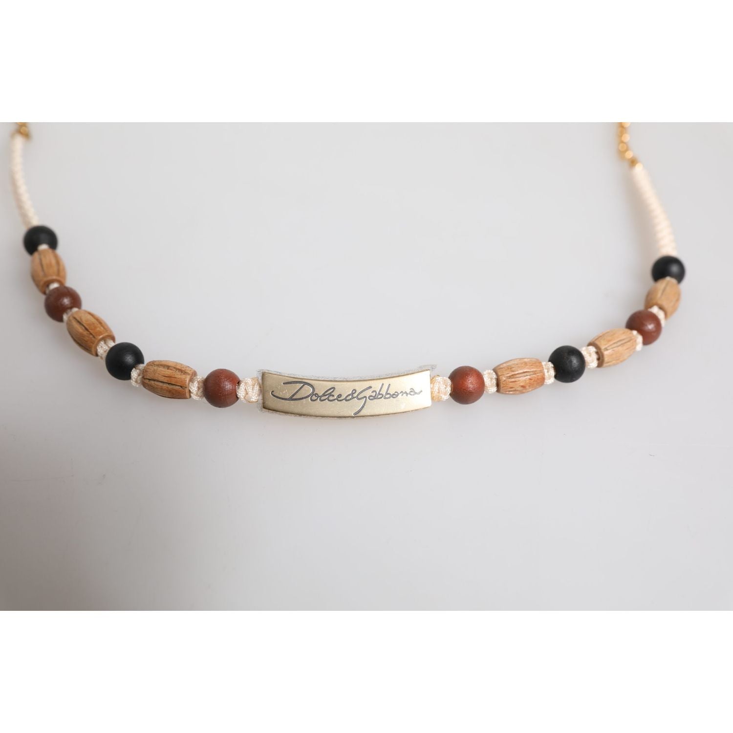 Dolce & Gabbana Black Gold Wooden Beaded Logo Pendant Necklace