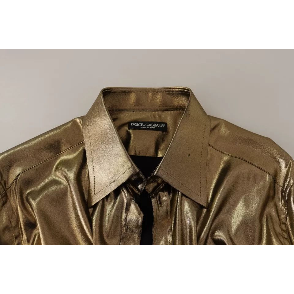 Dolce & Gabbana Metallic Gold DG Embroidered Crown Silk Top Shirt