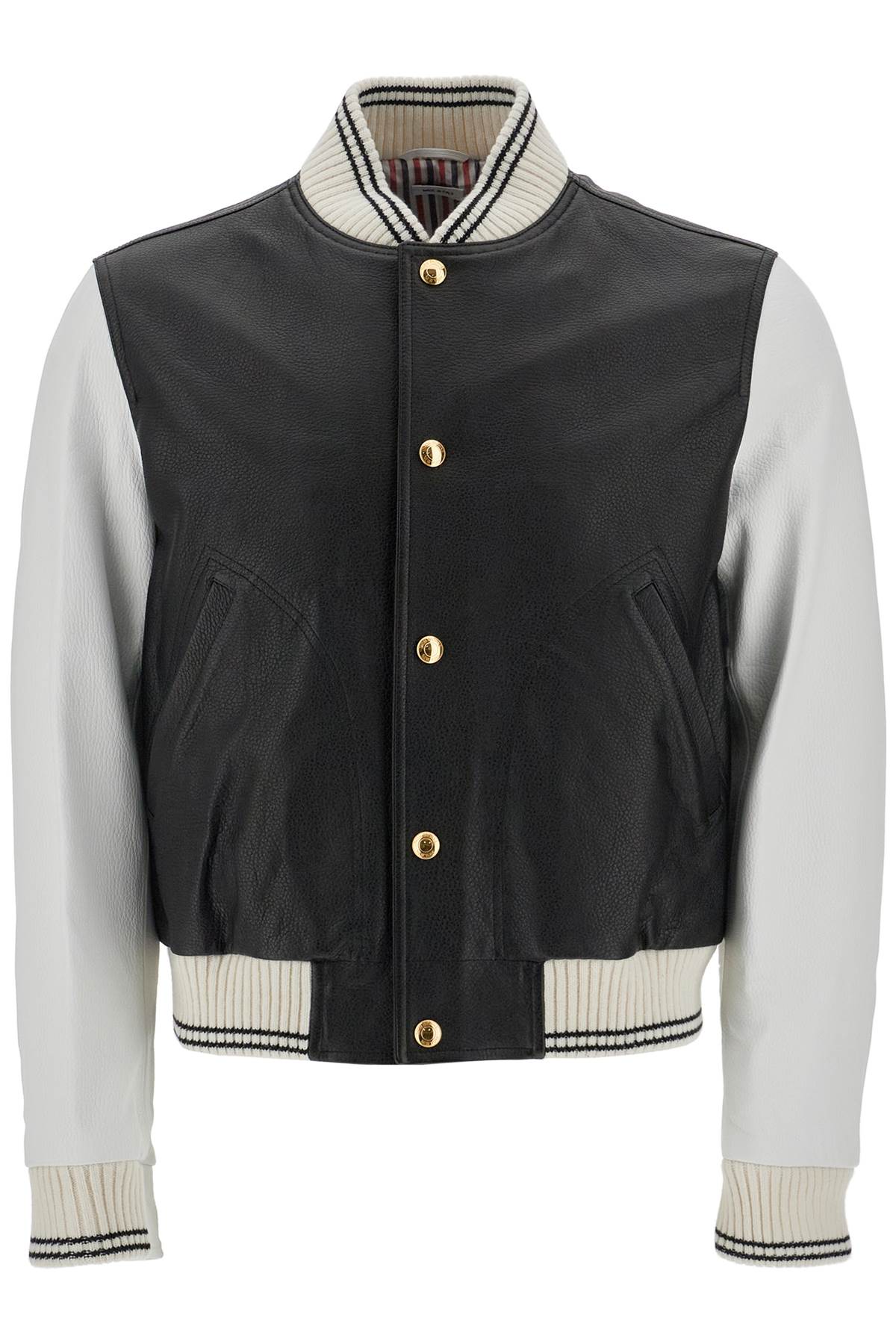 Thom Browne leather varsity bomber jacket